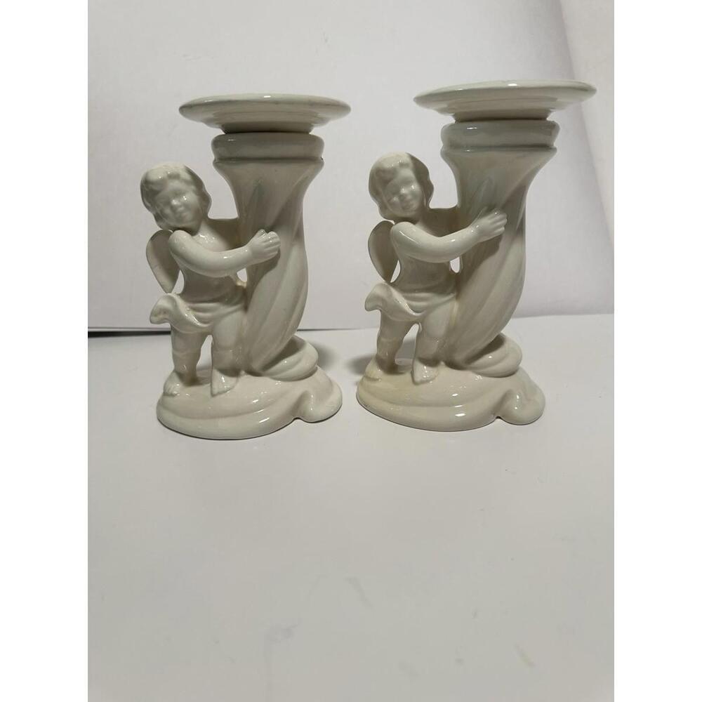 Title: Vintage Amphora Cherub Angel Ceramic Candle Holders Pair White 6in